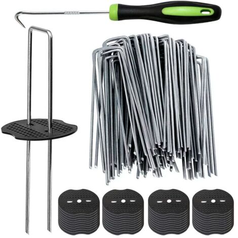 Bardusch-100 piquets de fixation en acier galvanisé pour bâche à mauvaises herbes + 100 entretoises + 1 crochet à clou PCS - 200x40mm - Ø 2,5mm (1/5)