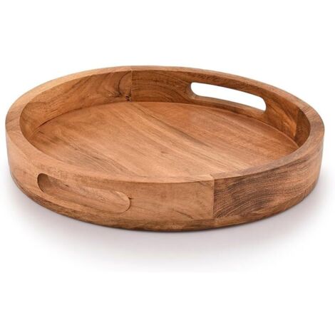 Bardusch-Plateau rond acacia avec poignées – 30,48×30,48×4,06 cm – bar, salon, table – service boissons/aliments (1/5)