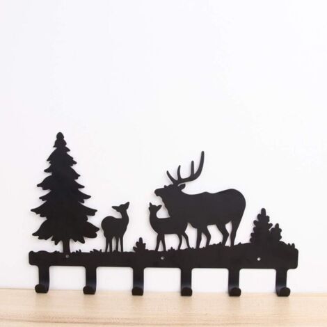 Bardusch-Porte-manteau mural en métal avec 6 crochets - Motif cerf, arbre, forêt, élan, animal de dessin animé - (1/5)