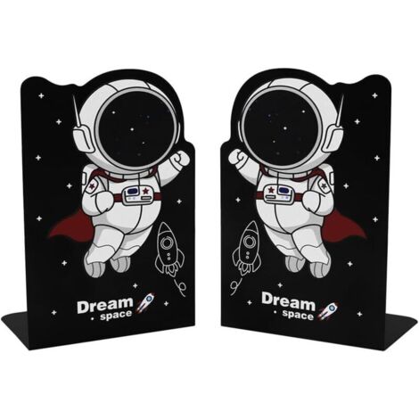 Bardusch-1 paire serre-livres métal astronaute noir, motif dessin animé, fer épais, pour enfants, étagères, école (1/4)
