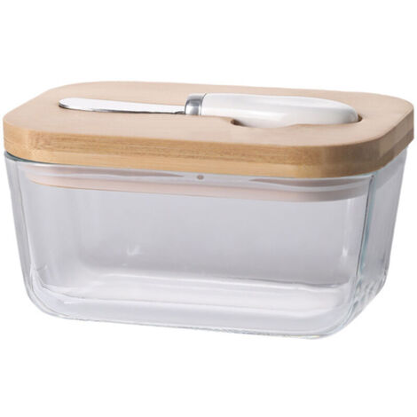 Bardusch-Beurrier en verre avec couvercle en bambou et couteau, fermeture hermétique pour une fraîcheur optimale, grand beurrier pour beurre des côtes est et ouest, beurrier en verre de qualité supéri (1/5)
