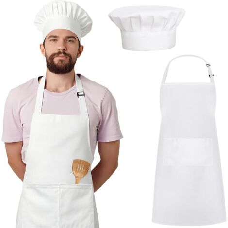 Bardusch-Tablier de cuisine adulte blanc réglable imperméable avec 2 poches + toque de chef élastique, usage barbecue (1/5)