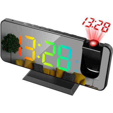 Bardusch-Réveil projecteur RGB avec miroir, 11 couleurs, projection 180° au plafond, horloge LED pour chambre ado.