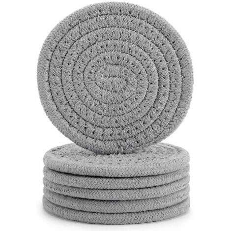 Bardusch-Lot de 6 sous-verres avec support, sous-verres tissés vintage pour table basse, sous-verres absorbants, sous-verres en tissu tressé faits main, cadeaux de décoration intérieure - 11 cm (gris) (1/5)