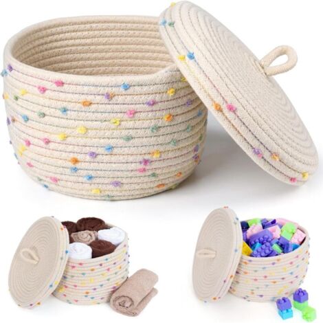 Bardusch-Panier avec couvercle en corde de coton tissé, crème à points colorés, 16 x 25 cm, pour jouets ou plantes (1/4)