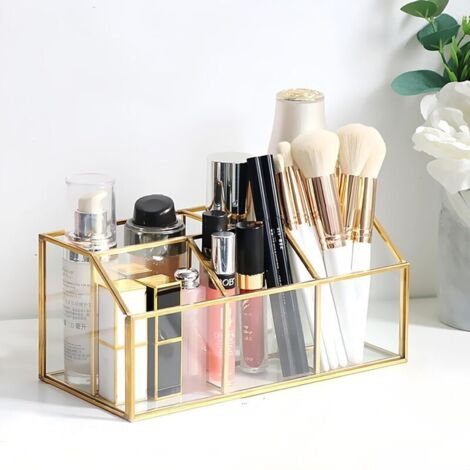 Bardusch-Organisateur cosmétique doré vintage en verre, rangement pinceaux et produits, élégant pour coiffeuse. (1/5)