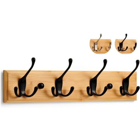 Bardusch-Porte Manteau Mural Bois - 4 Crochets Triples en Noir - 42 cm - Patere Murale pour une Entrée, Chambre, Salle de Bain et Vestiaire (1/5)