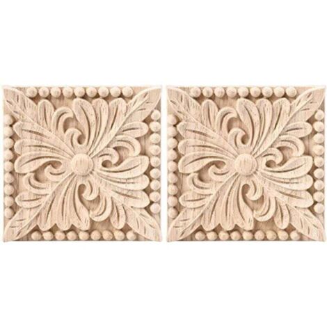 Bardusch-Lot de 2 Appliques SculptéEs en Bois Onlay Carré Sculpture DéCalque Non Peint Fleur Porte Armoire Meubles DéCoration 3,94 X Pouces (1/4)