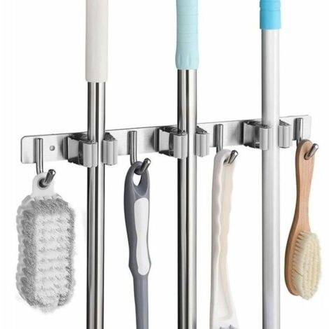 Bardusch-Porte Balai Mural en Acier Inoxydable, Accroche Balai Mural avec 3 Emplacements et 4 Crochets pour Cuisine, Salle de Bain, Garage et Jardin, Gris,GU.B/bon (1/4)