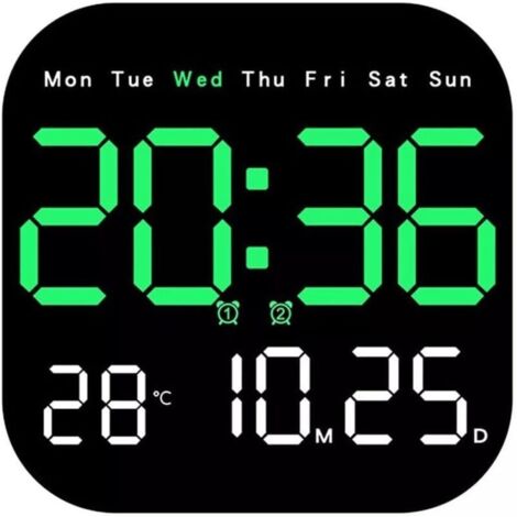 Bardusch - Grande Horloge Murale LED Numérique avec Télécommande, Température, Date, Semaine (Vert) (1/4)