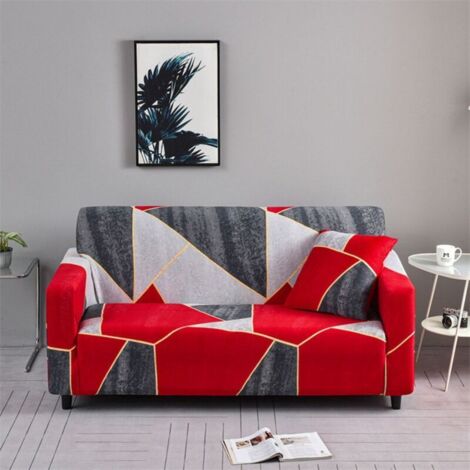 Bardusch - Housse de Canapé Extensible 2 Place Couverture Canapé avec Accoudoirs, géométrie, rouge, gris[SFT169] (1/4)