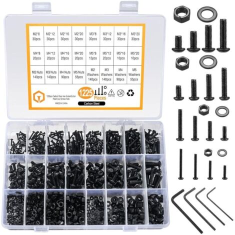 Bardusch - 1225 Pièces M2 M3 M4 M5 Jeu de Vis et écrous, Vis à Tête Cylindrique à Six Pans Creux et Boulons et écrous et Rondelles, Vis Filetées à Tête Ronde Acier Carbone et écrous et Rondelles (1225 (1/5)