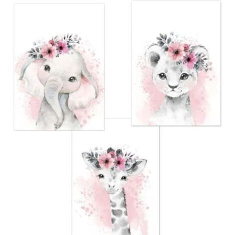 Bardusch - 3 Affiches Animaux Chambre Bebe Fille Rose Tableau Poster Girafe Elephant Lion Mural Enfant Deco Sans Cadre,2030cm (1/4)