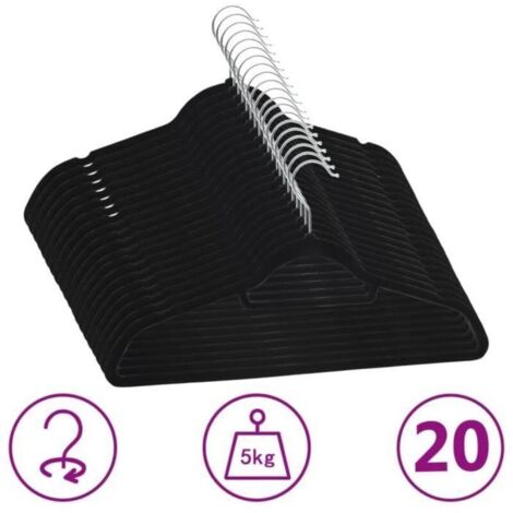 Bardusch - Cintres antidérapants - Noir - 20 pcs - Velours - Crochet rotatif 360° (1/4)