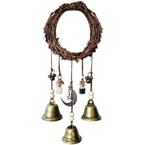 Bardusch - Carillon de sorcière fait à la main, couronne, cloches de sorcière, cloches de protection à suspendre, cloches de sorcière, carillon à vent en rotin pour décoration de porte de maison (1/4)