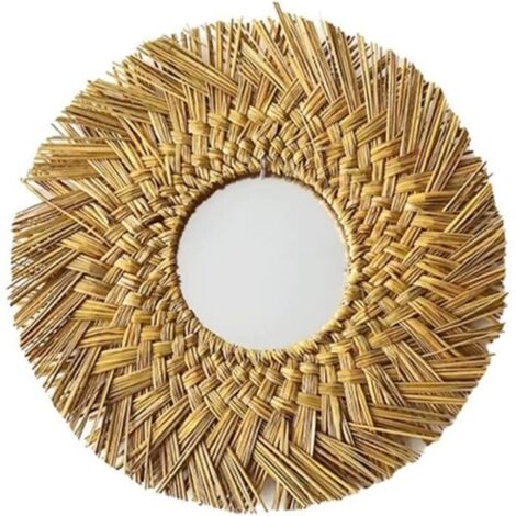 Bardusch-Miroir Mural, Miroir Mural en rotin Miroir Mural Moulage Mural de rotin Miroir Paille Grand Rond Suspendu Miroir