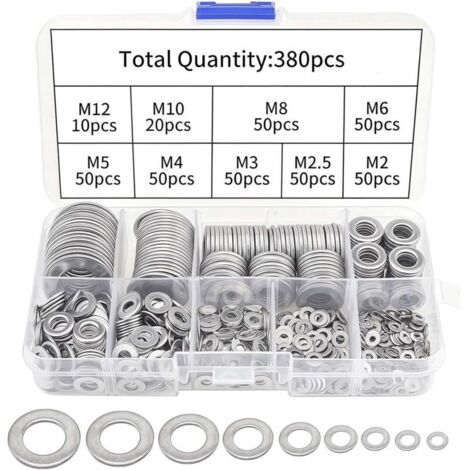 Bardusch Lot de 380 rondelles en acier inoxydable - Assortiment de rondelles plates M2-M12 - Rondelles de sécurité pour charnières de porte - Joints de vidange d'huile pour réparation hydraulique (1/5)
