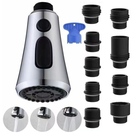 Bardusch Extractible Douchette Evier Cuisine, Mitigeur Cuisine avec 9 Adaptateurs, Douchette à 3 Fonctions de Jet Compatible avec les Robinets G1/2,Chrome (1/5)