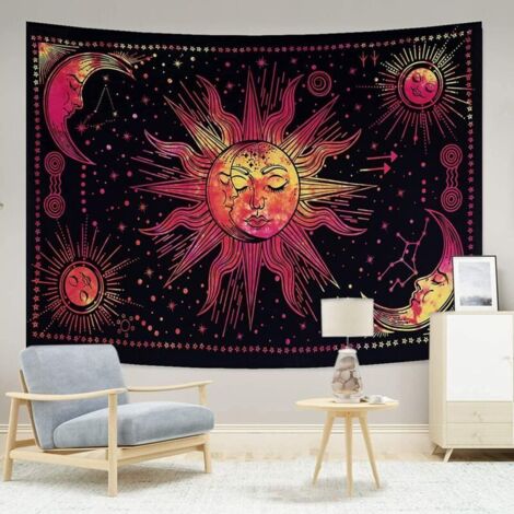 Bardusch Tapisserie murale motif soleil et lune - Rouge - 150 x 200 cm - Constellation psychédélique esthétique - Tissu mystique pour la décoration de la maison, de la chambre à coucher (1/5)