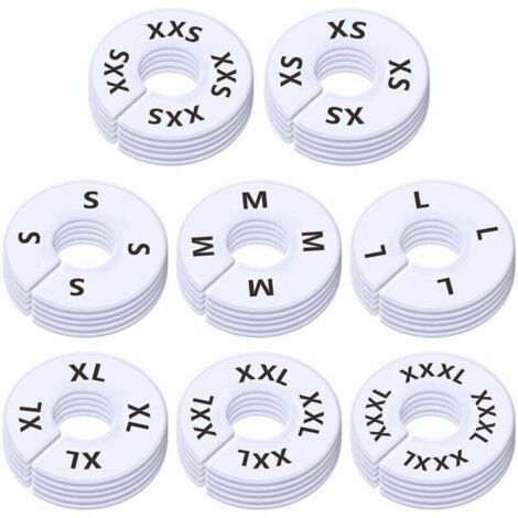 Bardusch-Lot de 40 séparateurs ronds en plastique blanc pour vêtements, pour étagères de placard, pré-imprimés en 8 tailles XXS, XS, S, M, L, XL, XXL, XXXL (3,5" OD, 1,38" ID) (1/4)