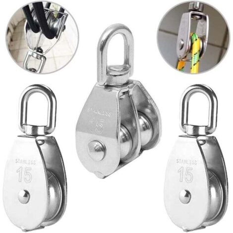 Bardusch-3PCS Poulie Double inox pivotant Double poulie,Poulie de Levage Rouleau de Chargement,Poulie en Acier Inox,Poulie Simple Bloc,Poulie Simple en Acier Inoxydable,Poulie de levage M15 (1/4)