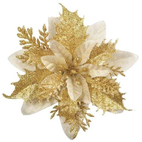 Bardusch-Lot de 12 fleurs de Noël à paillettes (15 cm) avec 12 poinsettia artificielles pour sapin de Noël（Doré）
