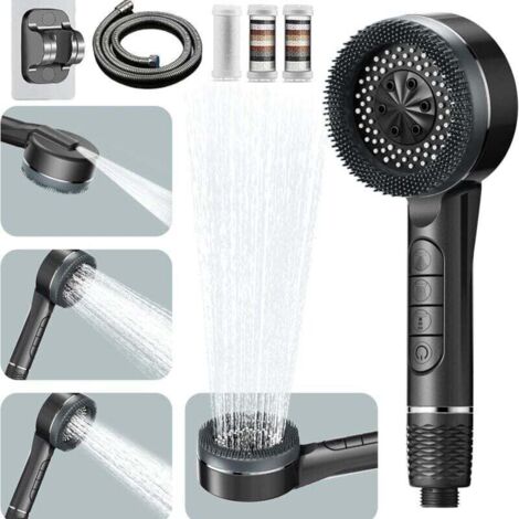 Bardusch-Pommeau Douche Haute Pression. Pommeau de Douche anti Calcaire. avec Tuyau 1.5M et Support de Douche. 4 Types de Jets Pommeau Douche Economie Deau avec Bouton D'arrêt D'eau. Gris argenté (1/4)