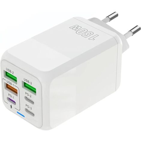 Bardusch Chargeur USB C, 150W 6 Ports USB C Prise de Charge Rapide, Chargeur à 6 Ports (Port 3PD Type C + Port USB A 3QC), Compatible avec iPhone 11/12/13/14/15 series/XS/XR/8/iPad (1/5)