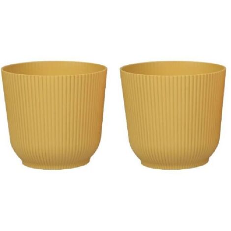 Bardusch Pots de fleurs ronds, robustes et légers, en plastique mat, pour salon et salle à manger - 2 pièces (jaune moutarde, 14 cm) (1/5)