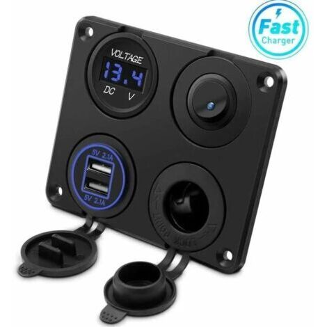 Prise allume-cigare, double port USB 4.2A, prise DC 12V, interrupteur et affichage LED Voltmètre Prise courant chargeur voiture étanche pour voiture 12V/24V, bateaux et marine, moto,camion,SUV, UTV (1/5)