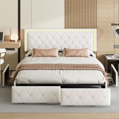 Lit capitonné double 140x200cm en Beige avec 4 tiroirs, Tête de lit réglable, Sommier à lattes en bois, Moderne, lit adulte avec LED (1/5)