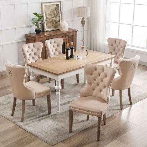 Lot de 6 Chaises Salle à Manger - TANANT - Scandinave - Velours Beige - Pieds en Bois Massif - 53.5x64 cm (1/5)