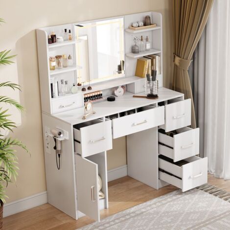 Coiffeuse avec Miroir LED et Tabouret, Prise et Port USB, support sèche Coiffeuse avec Miroir LED et Tabouret, Prise et Port USB, support sèche