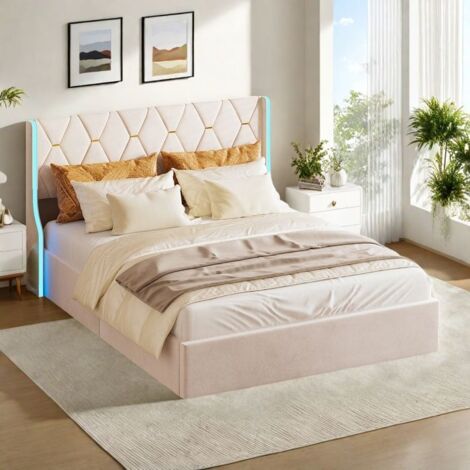 Lit coffre double 160 x 200 cm avec sommier à lattes en velours, Lit 160x200 cm avec LED, Coffre de rangement, Lit adulte, Beige (1/5)