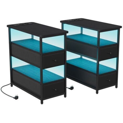 Lot de 2 tables d'appoint 2 niveauxs - Table console - 2 tiroirs et LED - Table basse industriel - Bout de canapé - Table de chevet (1/5)