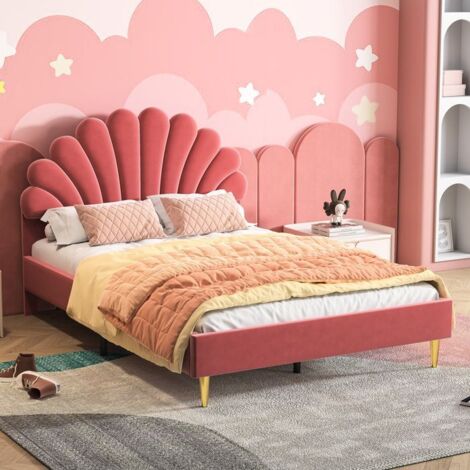 Lit adulte 140x200 cm - TANANT - Tête de lit fleur - Velours rouge - 2 places - Sommier inclus (1/5)