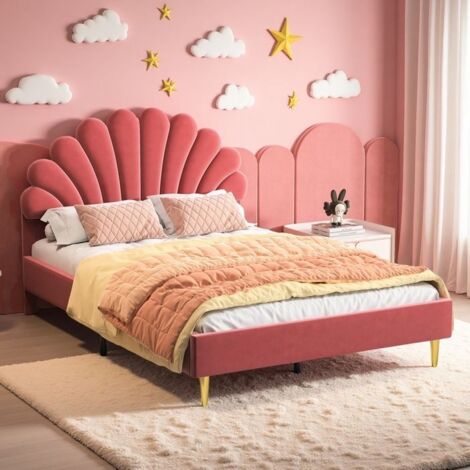 Lit Double 140x200 - Velours Bordeaux - Tête de Lit Réglable - Pieds Dorés - Design Moderne Romantique (1/5)