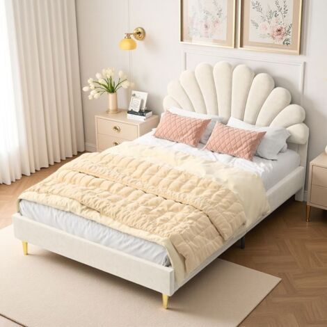 Lit double 140x190 cm - TANANT - Lit princesse - Tête de lit rembourrée - Velours beige - Design moderne