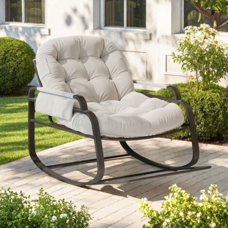 Fauteuil à Bascule - TANANT - Rotin - Coussin Rembourré - Tissu Lin - Beige (1/5)
