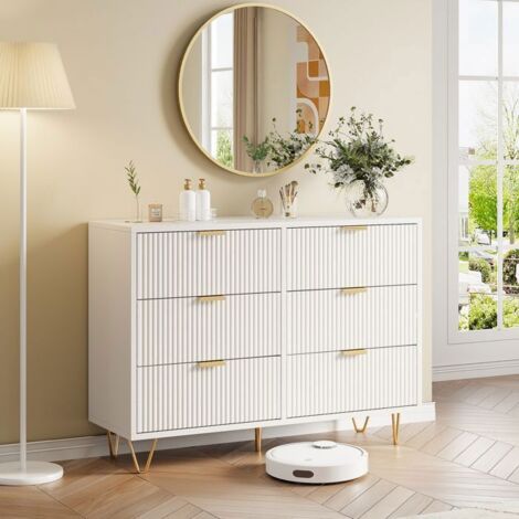 Buffet - Buffet Bahut - 100cm - 6 Tiroirs - Blanc Moderne - Pieds en Métal (1/5)