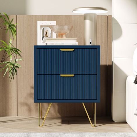 Commode de Rangement 2 Tiroirs Bleu Royal et Pieds Dorés - 40x35.5x50 cm - Design Moderne et Luxe avec Poignées Dorées
