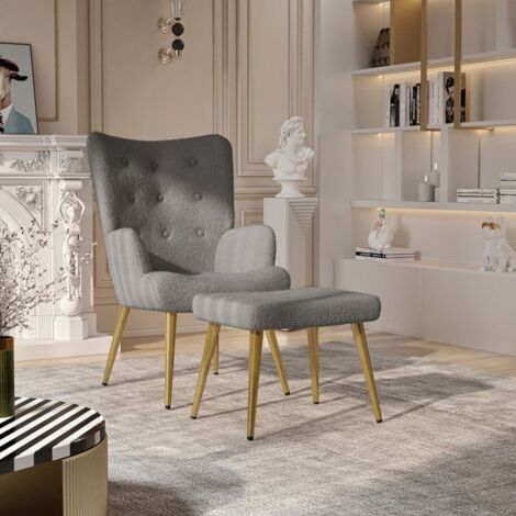 Fauteuil Salon avec Pouf en Fausse Laine gris foncé - Coussin Rembourré Dense et Main Courante Ergonomique (1/5)