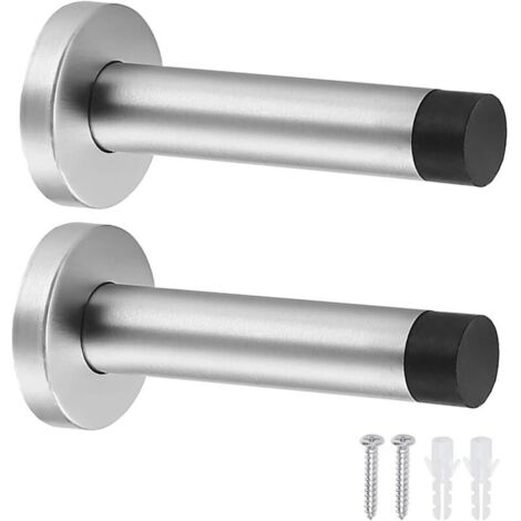 Set di 2 fermaporta da parete. Robusti fermaporta in acciaio inox con paracolpi in gomma. Fermaporta con viti e tasselli per uso interno, per proteggere le pareti.