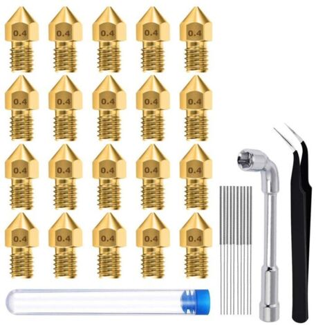 Confezione da 20 ugelli per stampante 3D MK8 da 0,4 mm, testine di stampa in ottone con strumento di pulizia, 1 chiave a bussola e 1 paio di pinzette. (1/4)