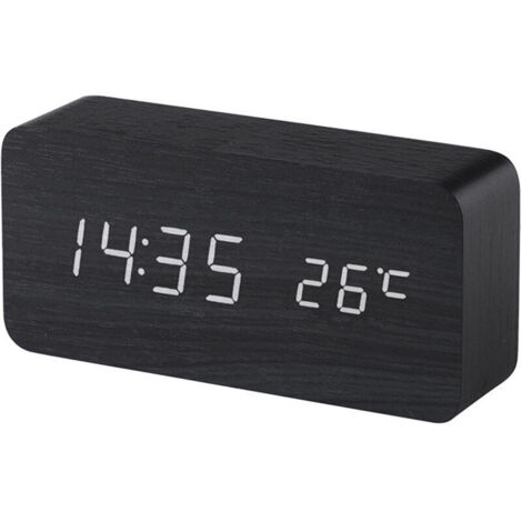 (Nero) Sveglia digitale in legno con controllo del suono a LED, doppia alimentazione a batteria USB, orologio in legno silenzioso con LED, decorazioni per la casa