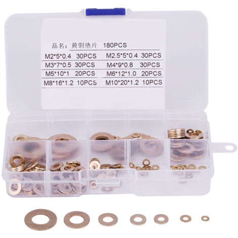 Assortimento di 180 rondelle piatte in ottone con scatola M2/M2,5/M3/M4/M5/M6/M8/M10