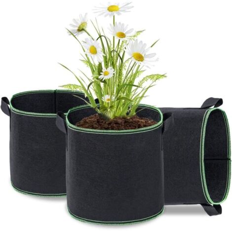 Sacchi per piante, set di 3 sacchi per la coltivazione in tessuto non tessuto, sacchi per piantare, sacchi da giardino con manici, cinghie, tessuto di ventilazione per vasi, nero - 3 galloni