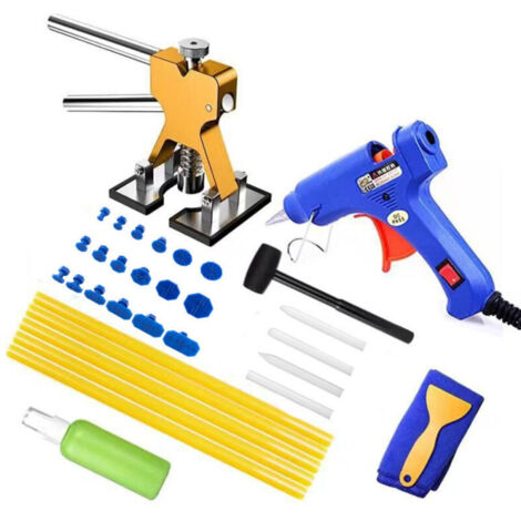 Kit di strumenti per la riparazione di ammaccature senza vernice (dorato) 34 pezzi per carrozzeria con pistola per colla, estrattore di ammaccature dorato, per auto, frigorifero, carrozzeria di motoci (1/4)