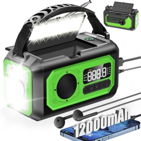 Radio meteorologica portatile di emergenza, radio a manovella alimentata ad energia solare, allarme SOS, 3 modalità di illuminazione, power bank da 12.000 mAh, bussola, verde