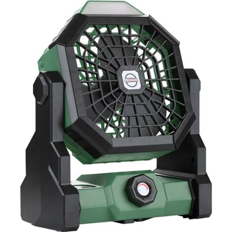 Ventilatore ricaricabile con velocità variabile, base larga, funzione LED, silenzioso, in plastica, portatile, per uso esterno, nero e verde.